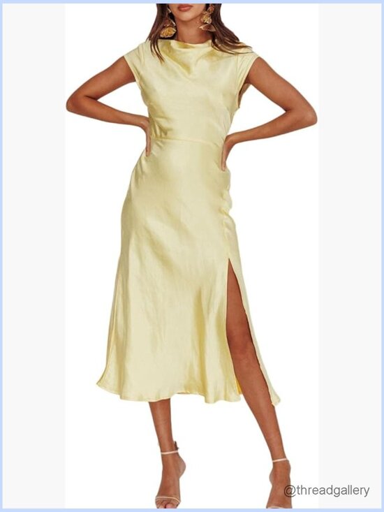 Dresses & Skirts - Satin Cowl Neck Backless Twist Cap Sleeve Midi Dress Side Slit